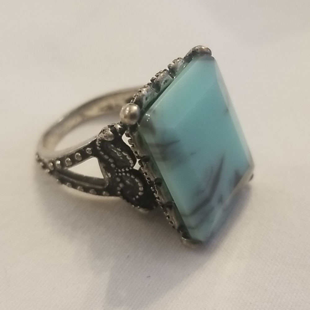 SILVER Art Deco Emerald Moonstone Ring 7.5